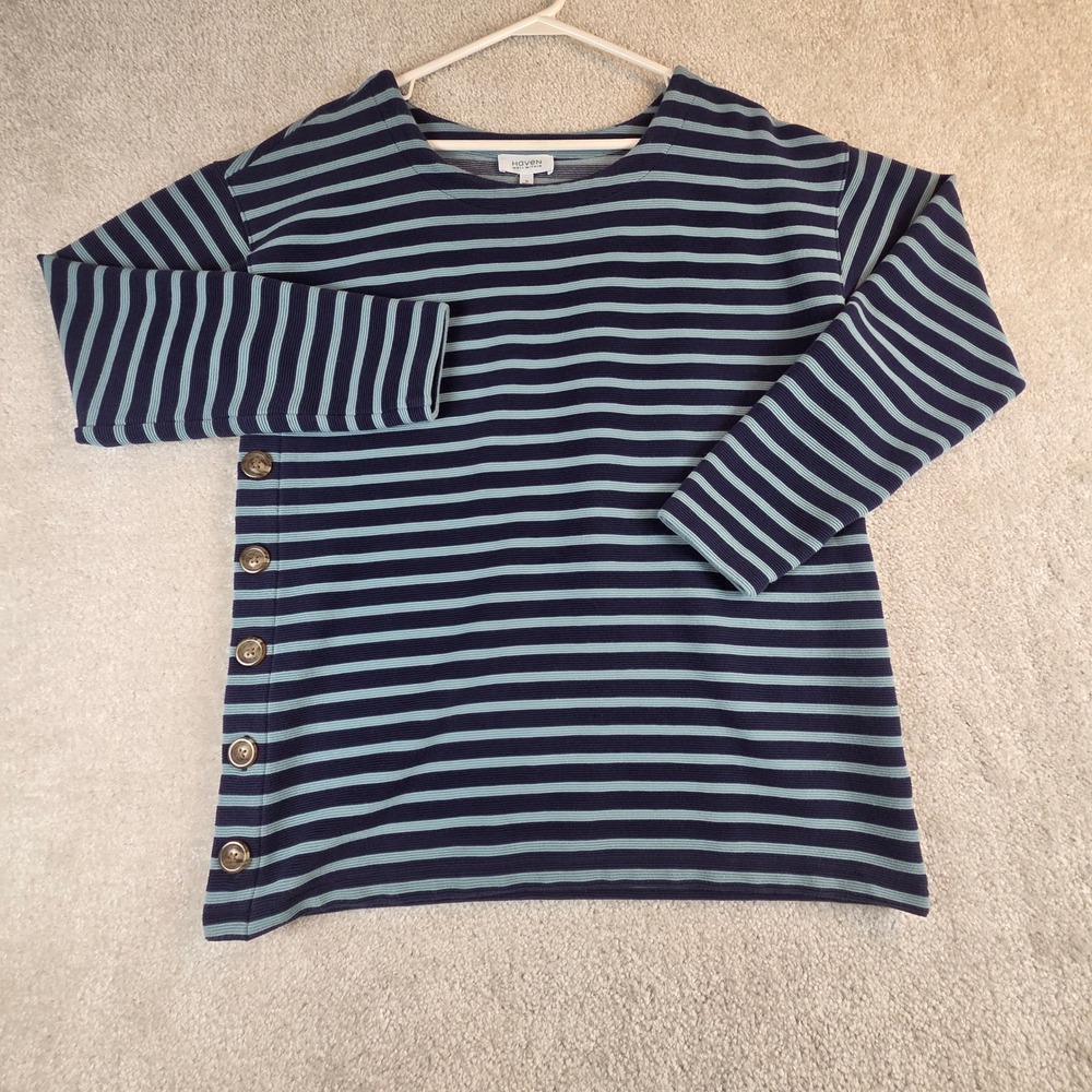 Haven Well Within Womens M Striped Boat Neck Top Blue Side Button Coastal